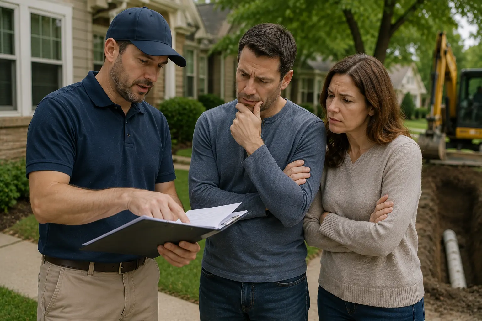 Contractor reviewing sewer repair estimates and project details with homeowners near an active sewer line excavation site in a residential neighborhood.