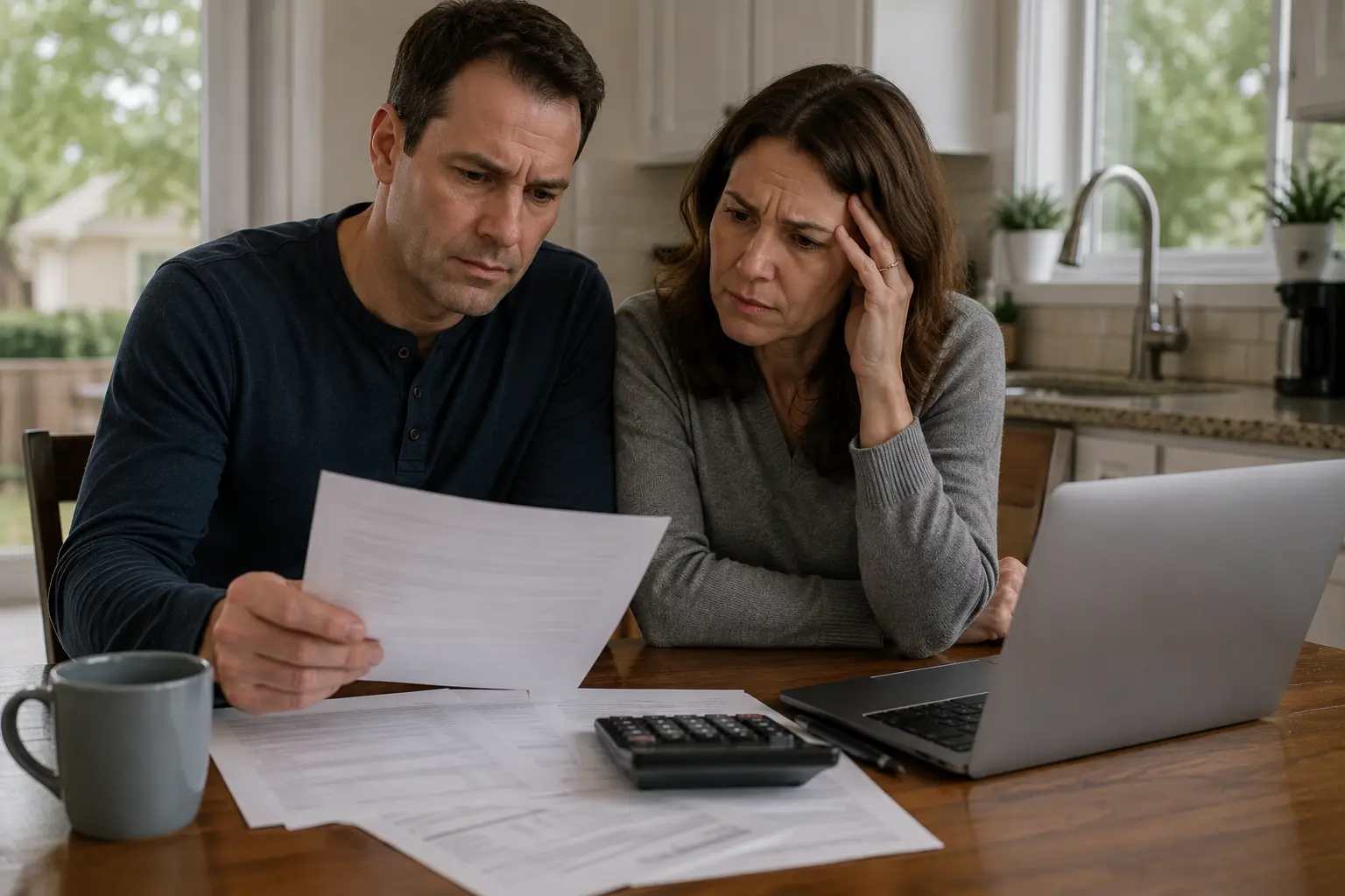 Homeowners reviewing paperwork, costs, and financial documents at a kitchen table while planning for potential sewer repair or replacement expenses.