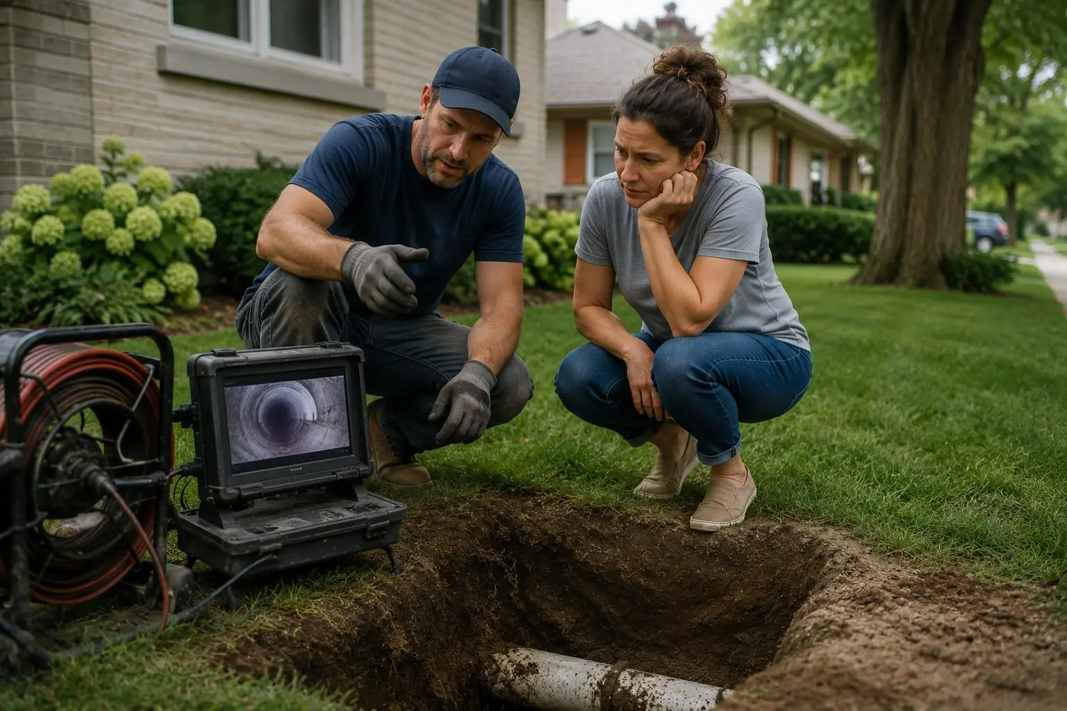 Contractor reviewing sewer camera inspection results with a homeowner beside an exposed sewer line trench during a residential sewer repair evaluation.