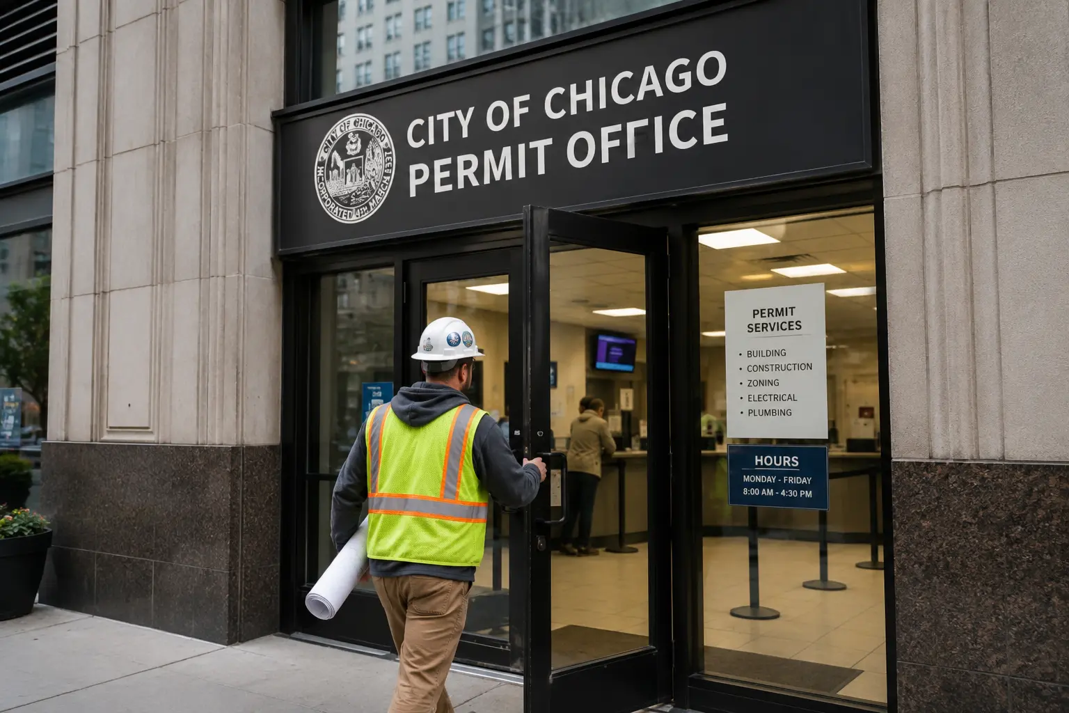 Construction worker carrying plans enters a Chicago permit office before beginning a residential sewer repair project.