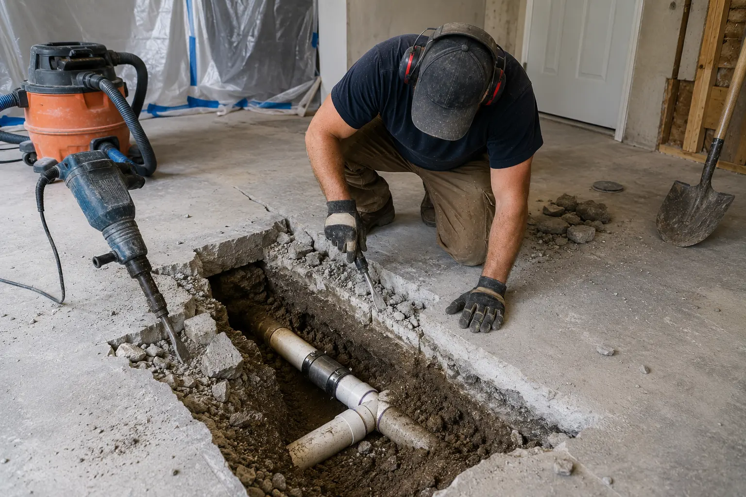 Contractor accessing and repairing a sewer line beneath a concrete slab floor by cutting and removing a section of concrete to expose underground plumbing.