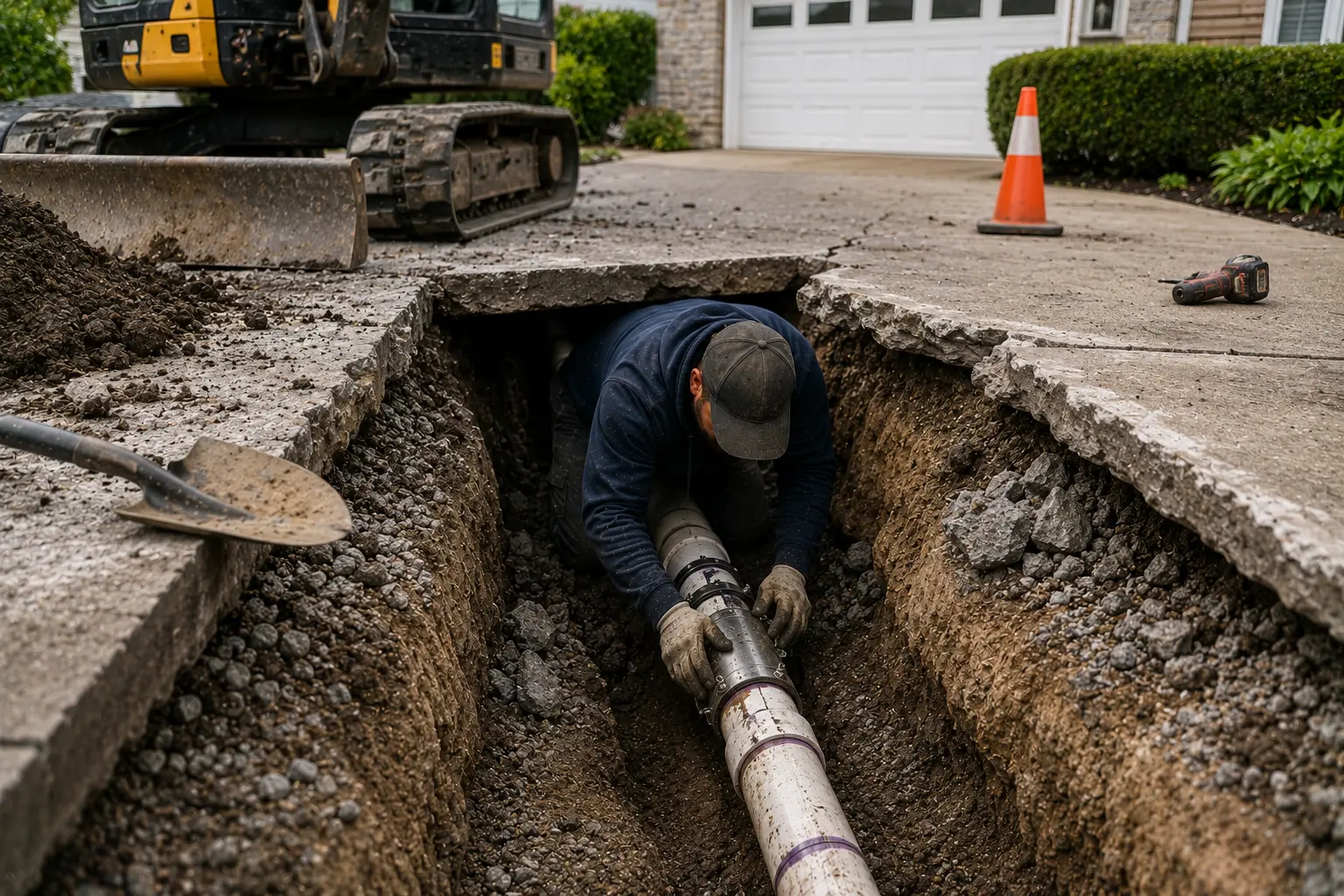 Contractor repairing a sewer line beneath a residential driveway by excavating through concrete to access and repair underground piping.