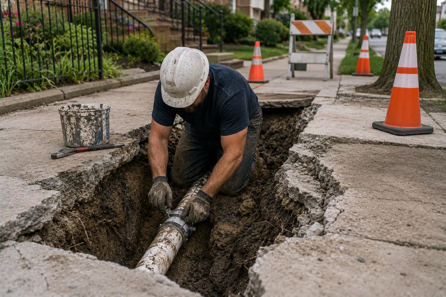 Contractor repairing a sewer line beneath a residential sidewalk by excavating through concrete pavement to access and repair underground sewer piping.
