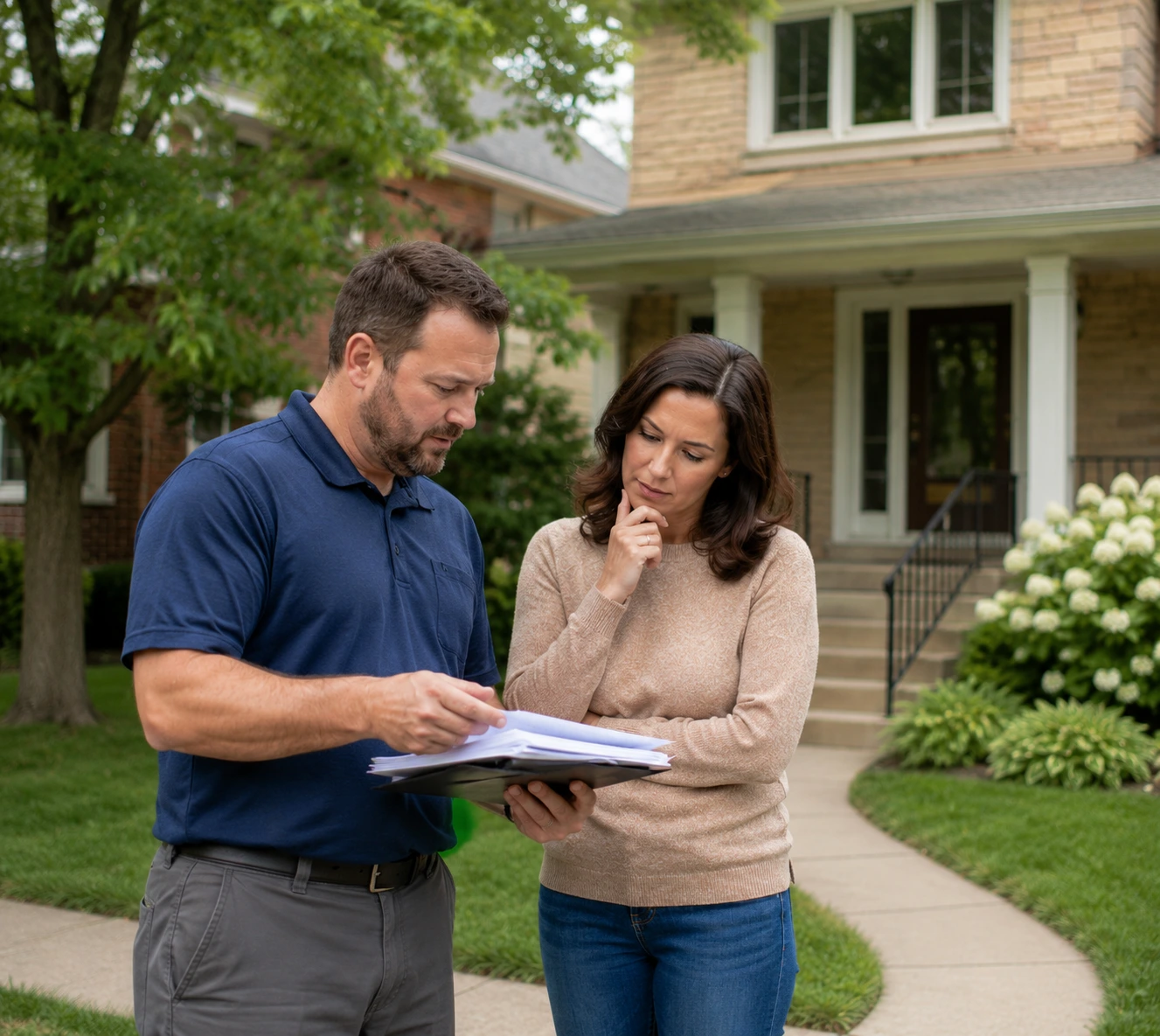 Chicago-area homeowner reviewing a sewer replacement estimate with a contractor in the front yard of a suburban home while discussing project costs and repair planning.