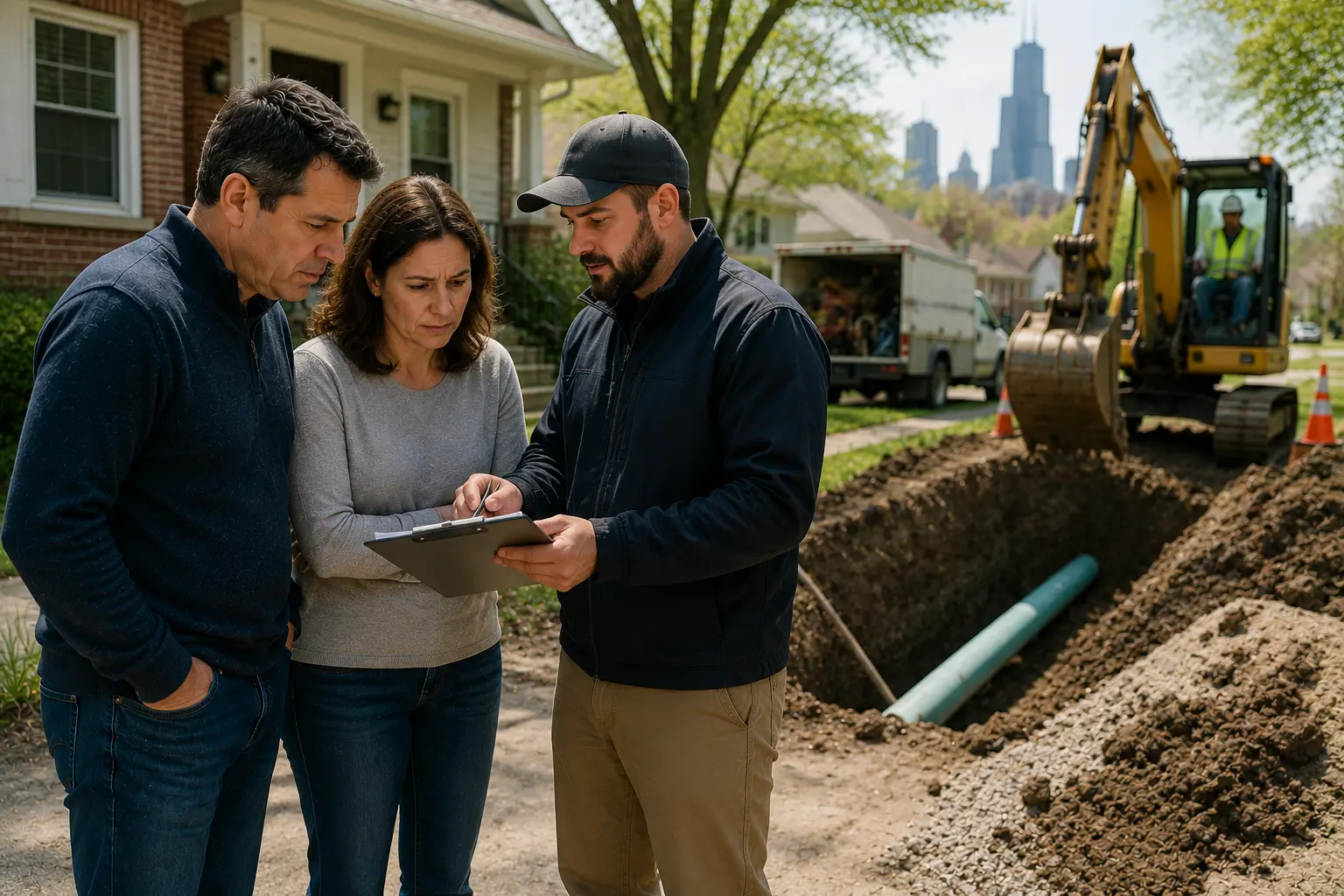 Chicago homeowners reviewing sewer replacement financing options with a contractor beside an active residential sewer replacement project and newly installed sewer pipe