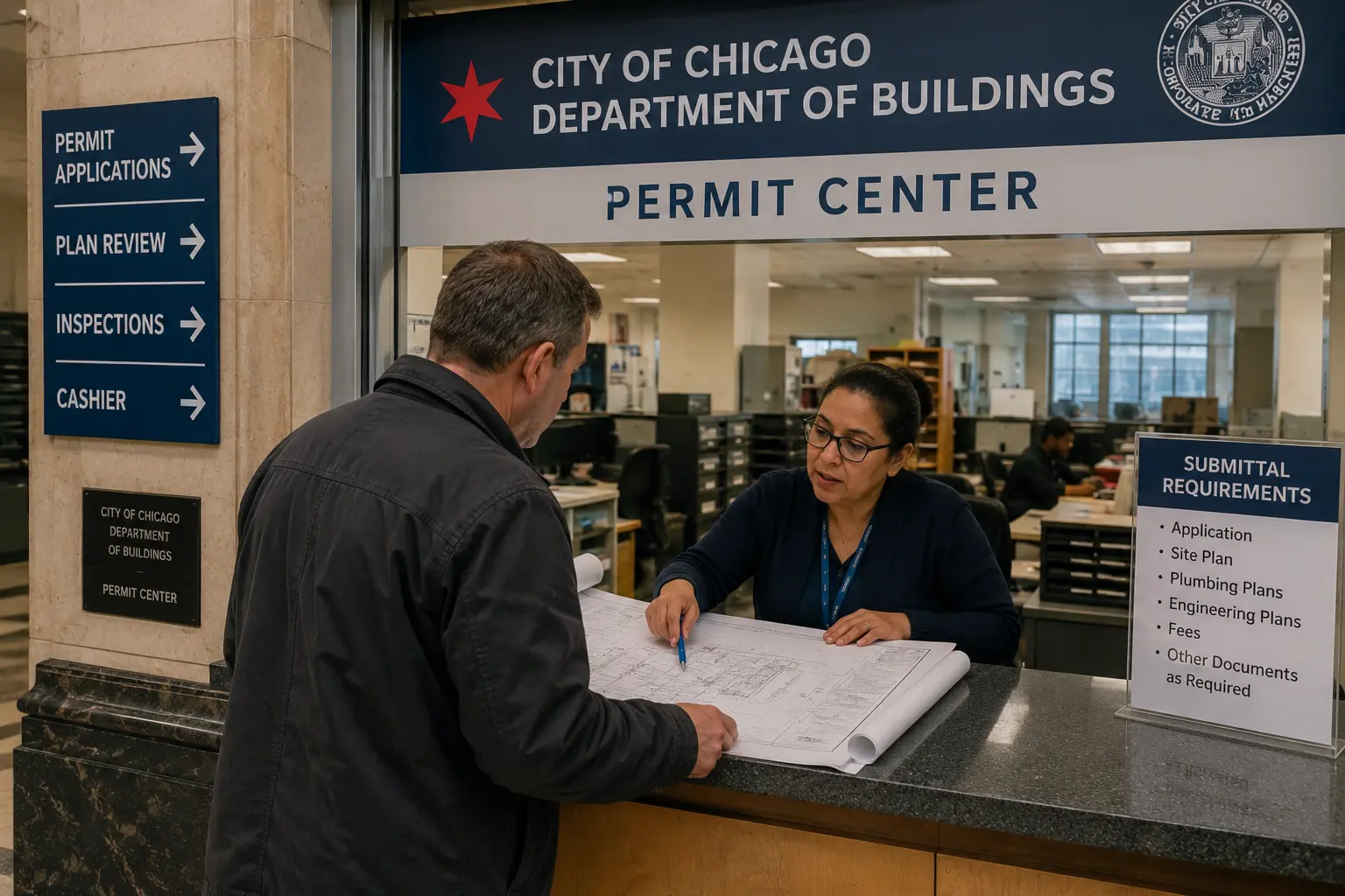 Property owner reviews sewer replacement permit documents with a City of Chicago permit office employee before a residential sewer project.