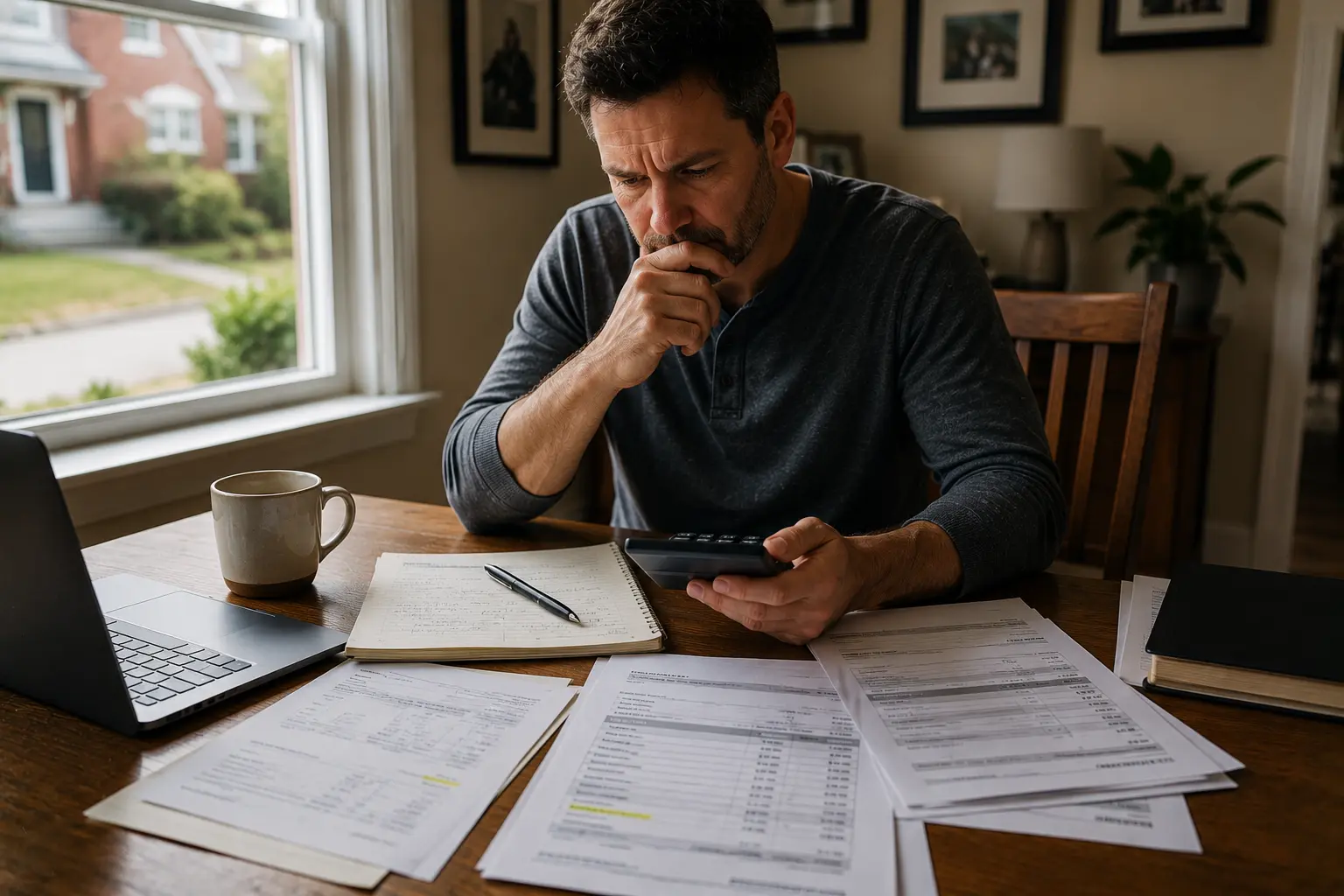 Chicago homeowner comparing multiple sewer replacement estimates at a kitchen table while reviewing costs, notes, and contractor proposals before making a repair decision.