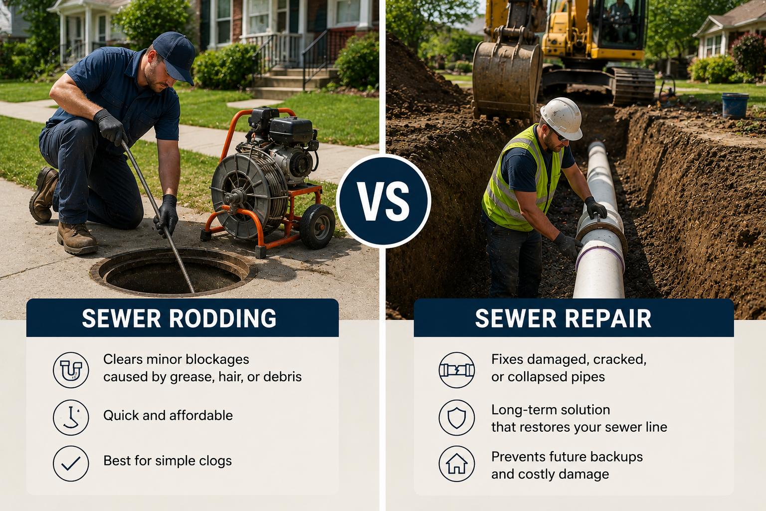 Technician performing sewer rodding through a sewer access point alongside a separate sewer line repair project involving excavation and pipe replacement, illustrating the difference between drain clearing and structural sewer repairs.