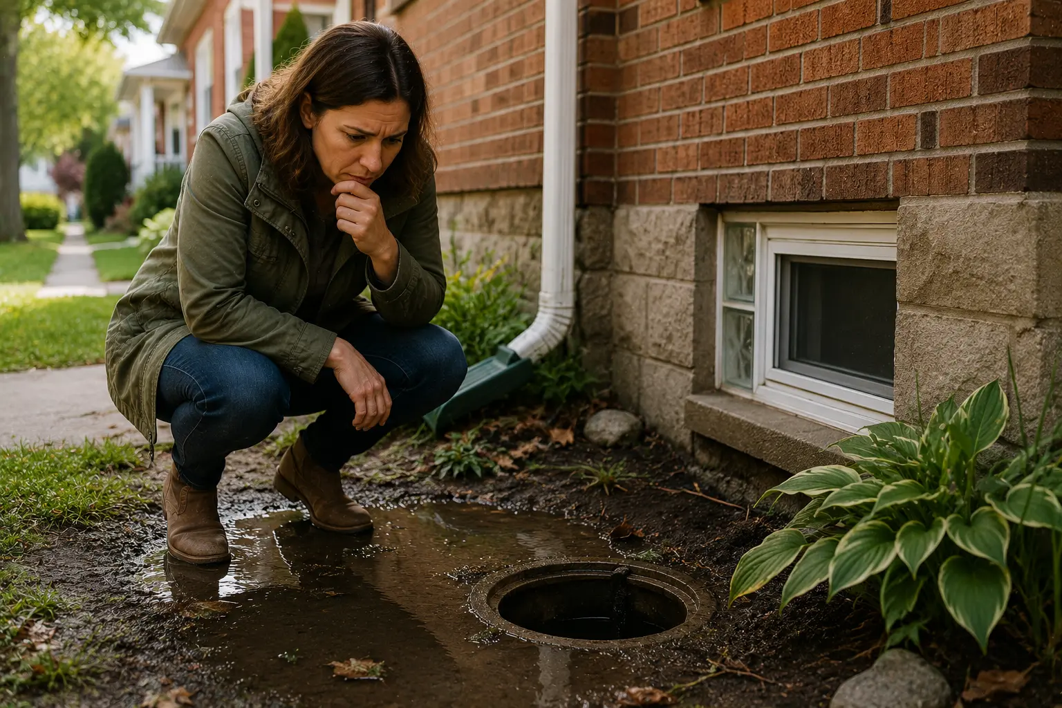 Chicago homeowner investigating standing water and drainage issues near a basement window and sewer access point beside a brick home, a potential sign of sewer line failure.