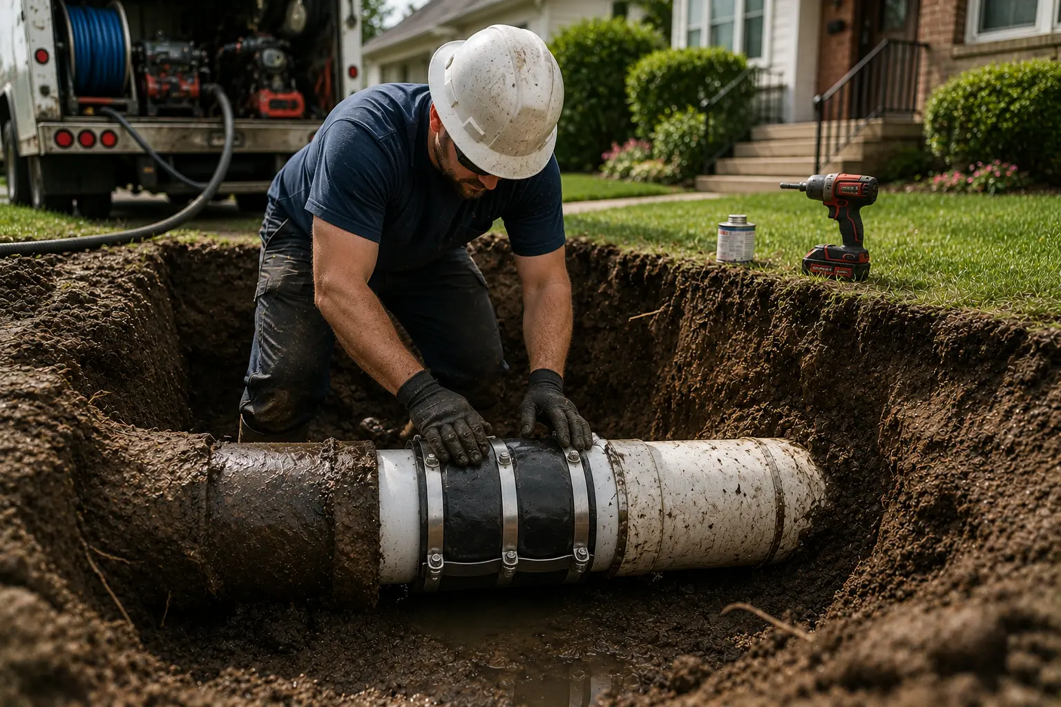 Technician performing a localized sewer pipe repair inside a small residential excavation trench, installing a repair coupling on a damaged section of sewer line rather than replacing the entire pipe.