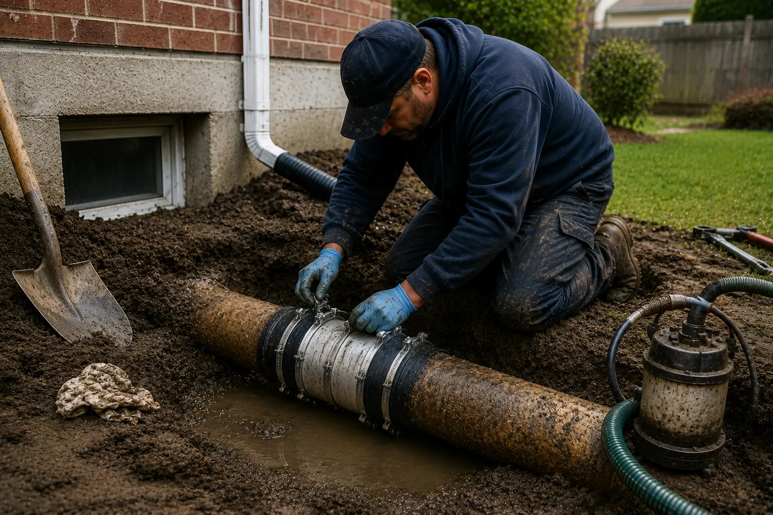 Technician installing a temporary repair coupling on a damaged sewer pipe exposed in a residential excavation near a Chicago home while preparing for a permanent sewer line repair.