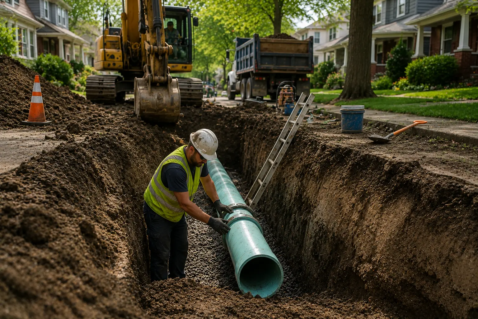 Construction worker installing a new sewer pipe inside a deep excavation trench in a residential Chicago neighborhood during a traditional sewer line replacement project.