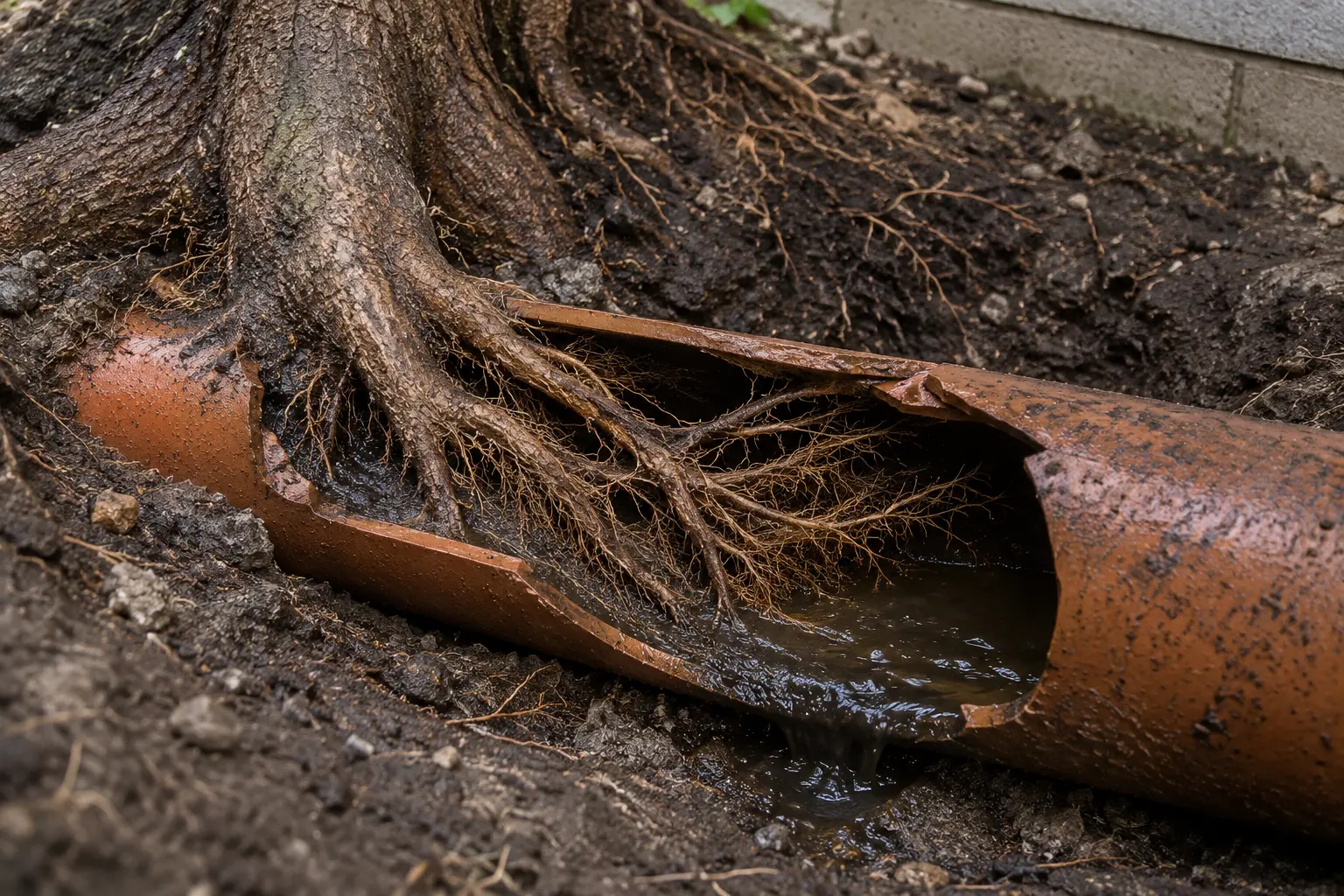 Tree roots growing through a cracked clay sewer pipe exposed during excavation, showing a common cause of sewer blockages and sewer line damage in older Chicago homes.