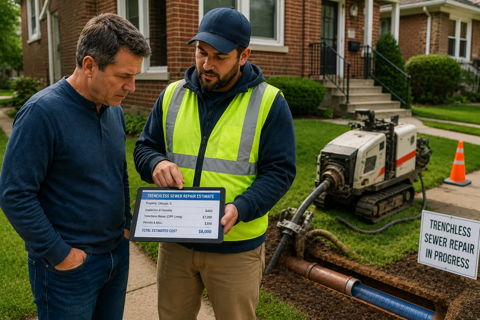 Chicago homeowner reviewing a trenchless sewer repair estimate with a contractor beside residential sewer repair equipment and an exposed pipe.