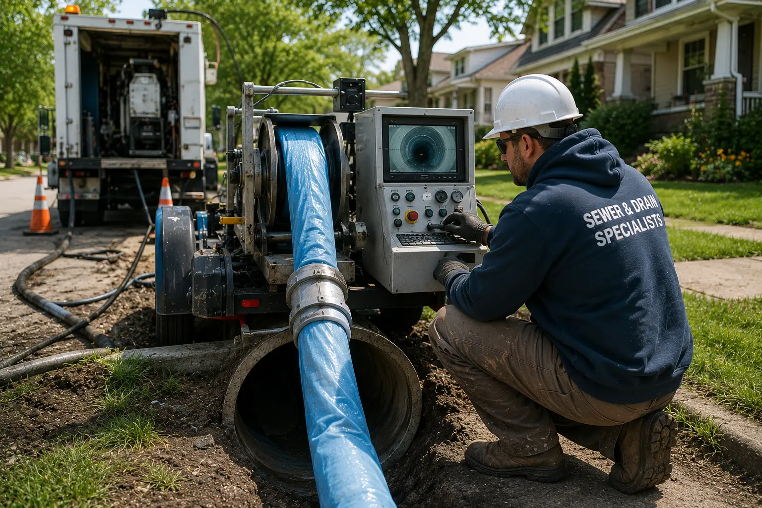 Technician operating trenchless sewer repair equipment during a pipe lining project in a residential Chicago neighborhood, with liner material being installed through an existing sewer pipe access point.