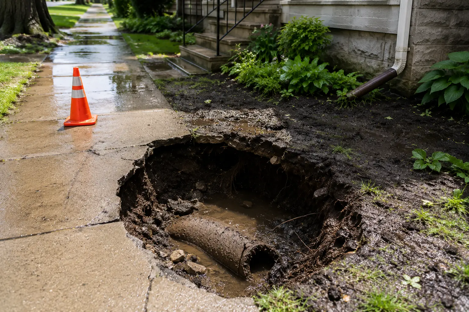 Large sinkhole forming beside a residential sidewalk with an exposed collapsed sewer pipe underneath, illustrating a severe warning sign of sewer line failure near a Chicago home.