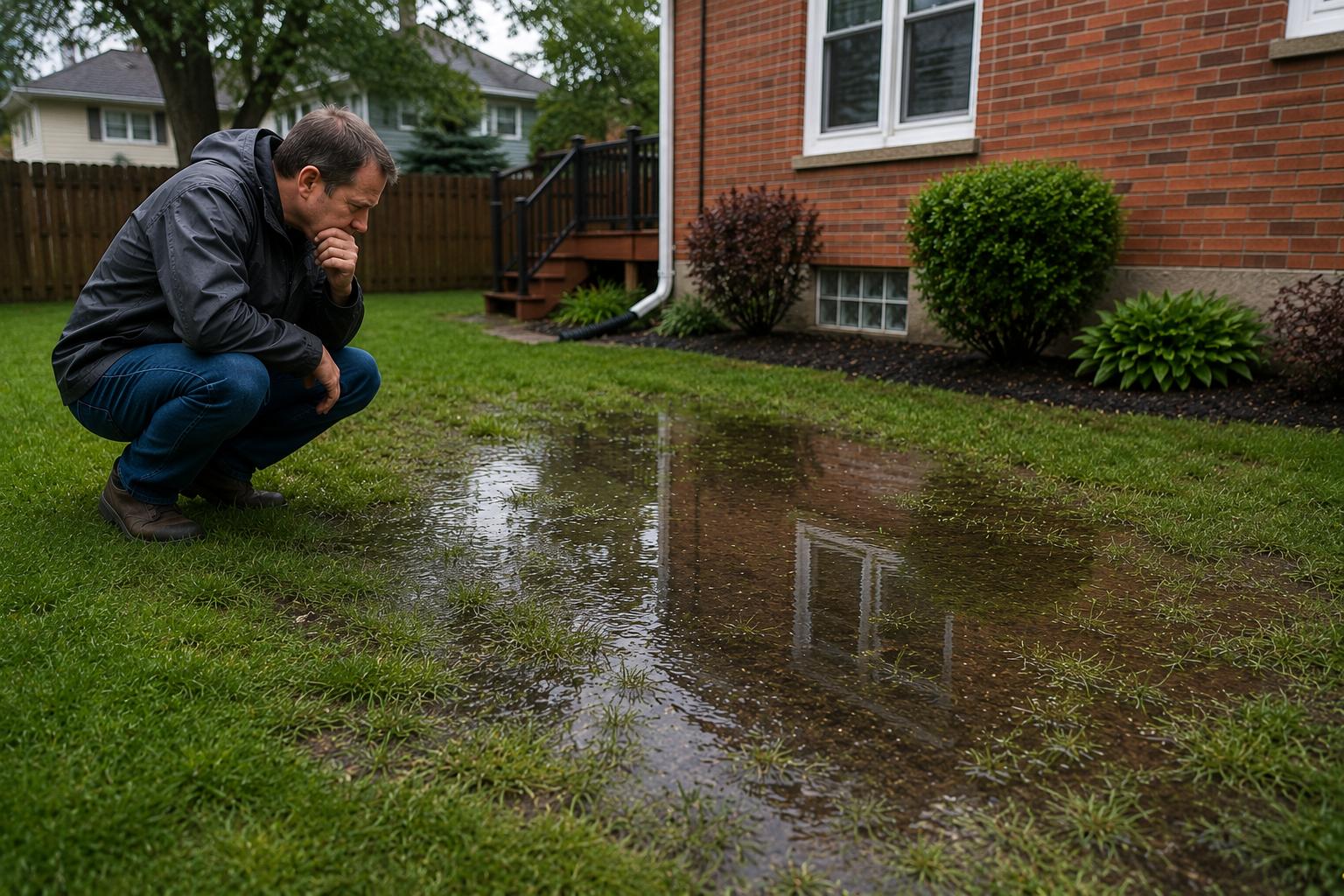 Chicago homeowner investigating standing water and saturated grass in a backyard after rainfall, a potential warning sign of an underground sewer line leak or drainage problem.