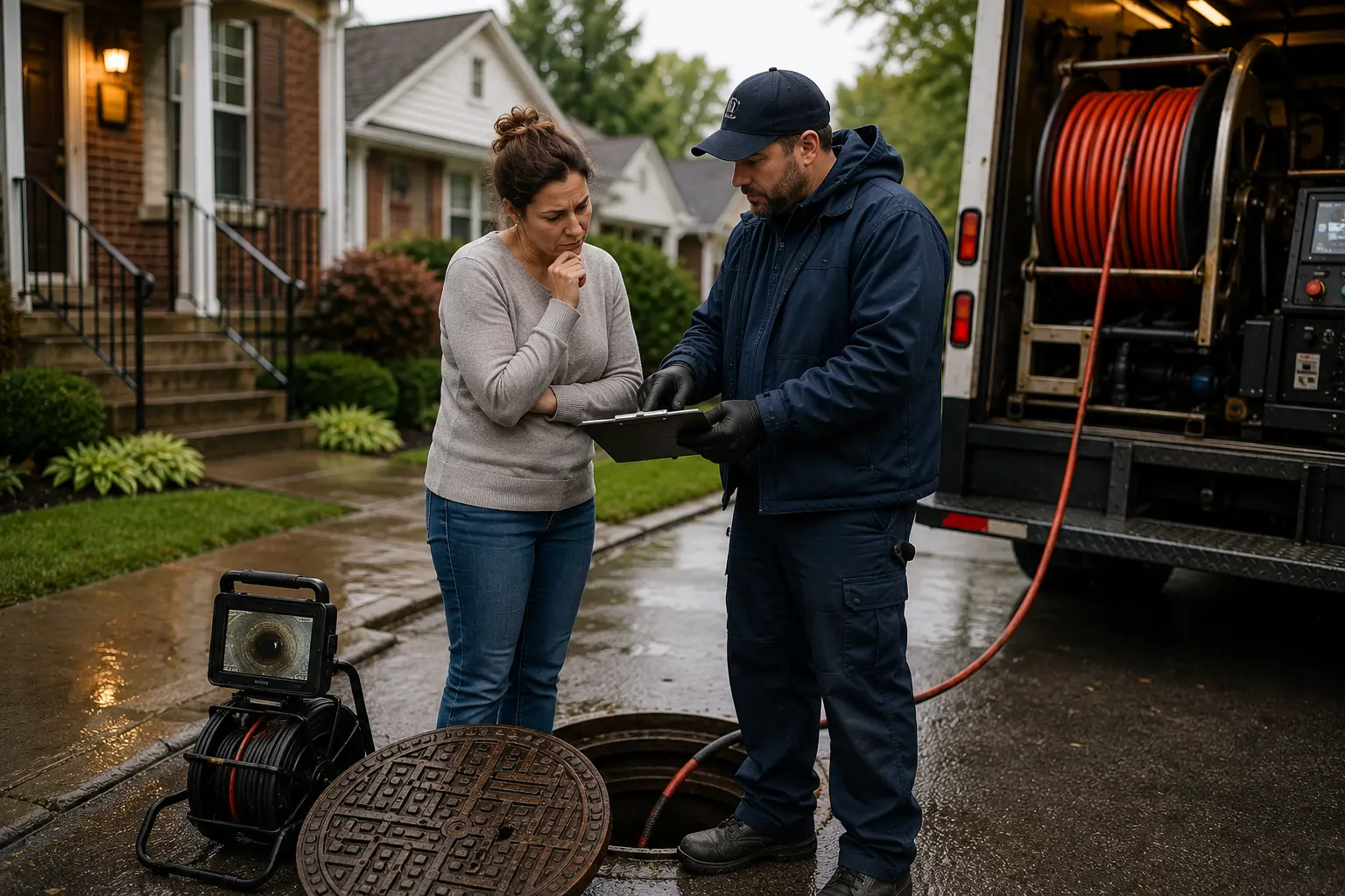 Homeowner discussing emergency sewer repair options with a technician beside a service truck during a weekend residential sewer inspection in a Chicago neighborhood.