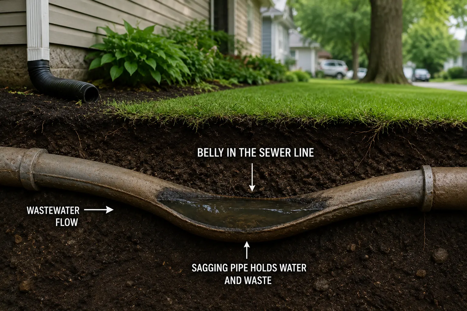 Sagging underground sewer pipe holding standing wastewater beneath a residential yard, illustrating a sewer line belly that can cause recurring clogs and drainage problems in Chicago homes.