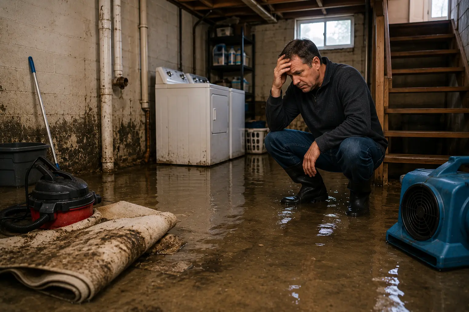 Chicago homeowner assessing flood damage in a basement after a sewer backup, with standing water, cleanup equipment, and water-damaged flooring visible during the initial recovery process.