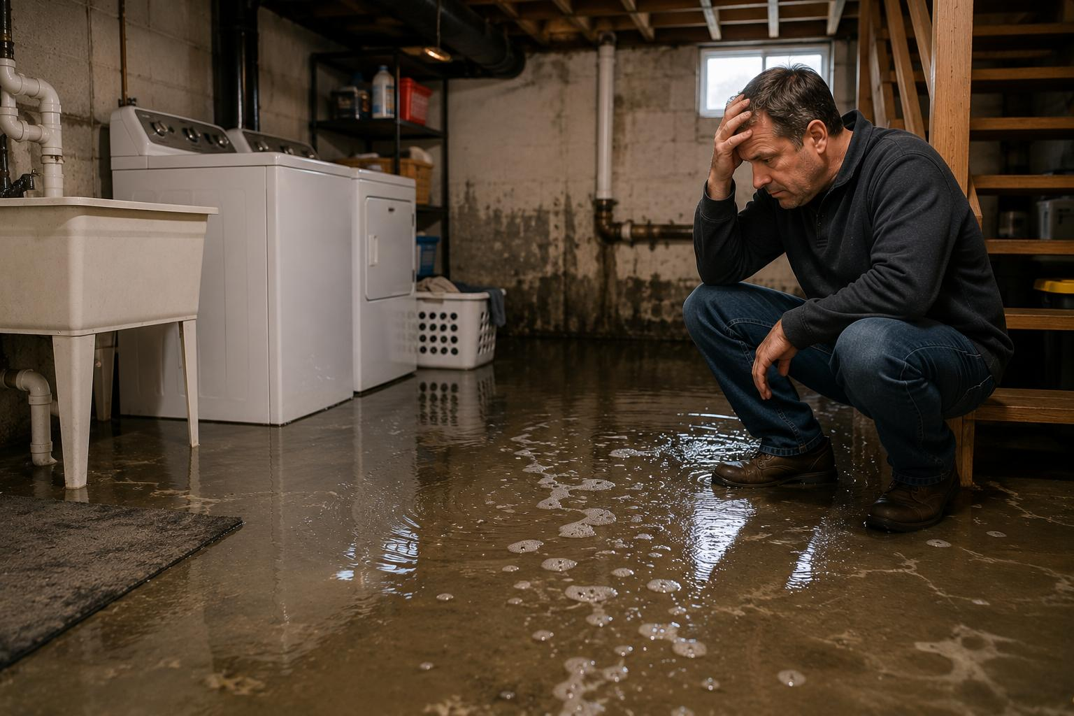 Chicago homeowner standing in a flooded basement with water spreading across the floor near laundry equipment, illustrating a sewer problem that requires immediate emergency attention.
