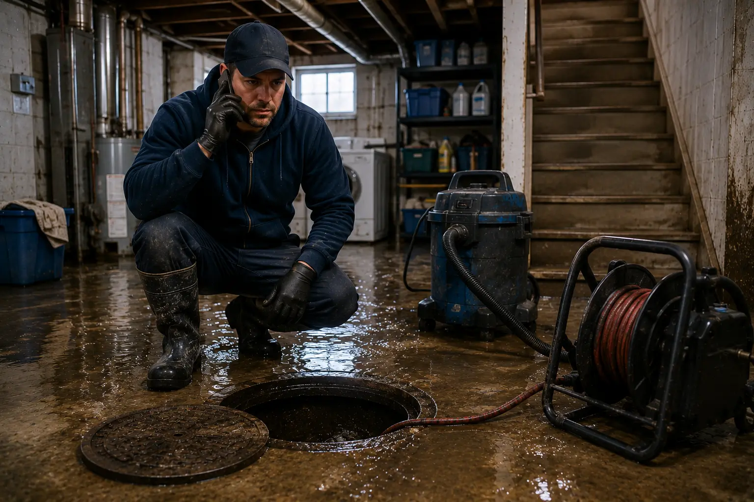 Chicago homeowner making an urgent phone call in a flooded basement while standing near sewer cleanup equipment after a sewer backup emergency.