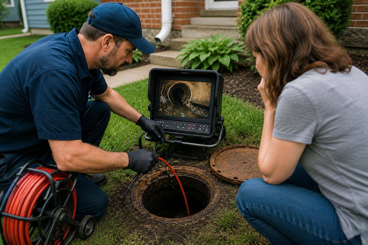 Sewer inspection technician using a camera system at a residential cleanout while reviewing pipe conditions with a homeowner, investigating the cause of recurring sewer line clogs in a Chicago home.