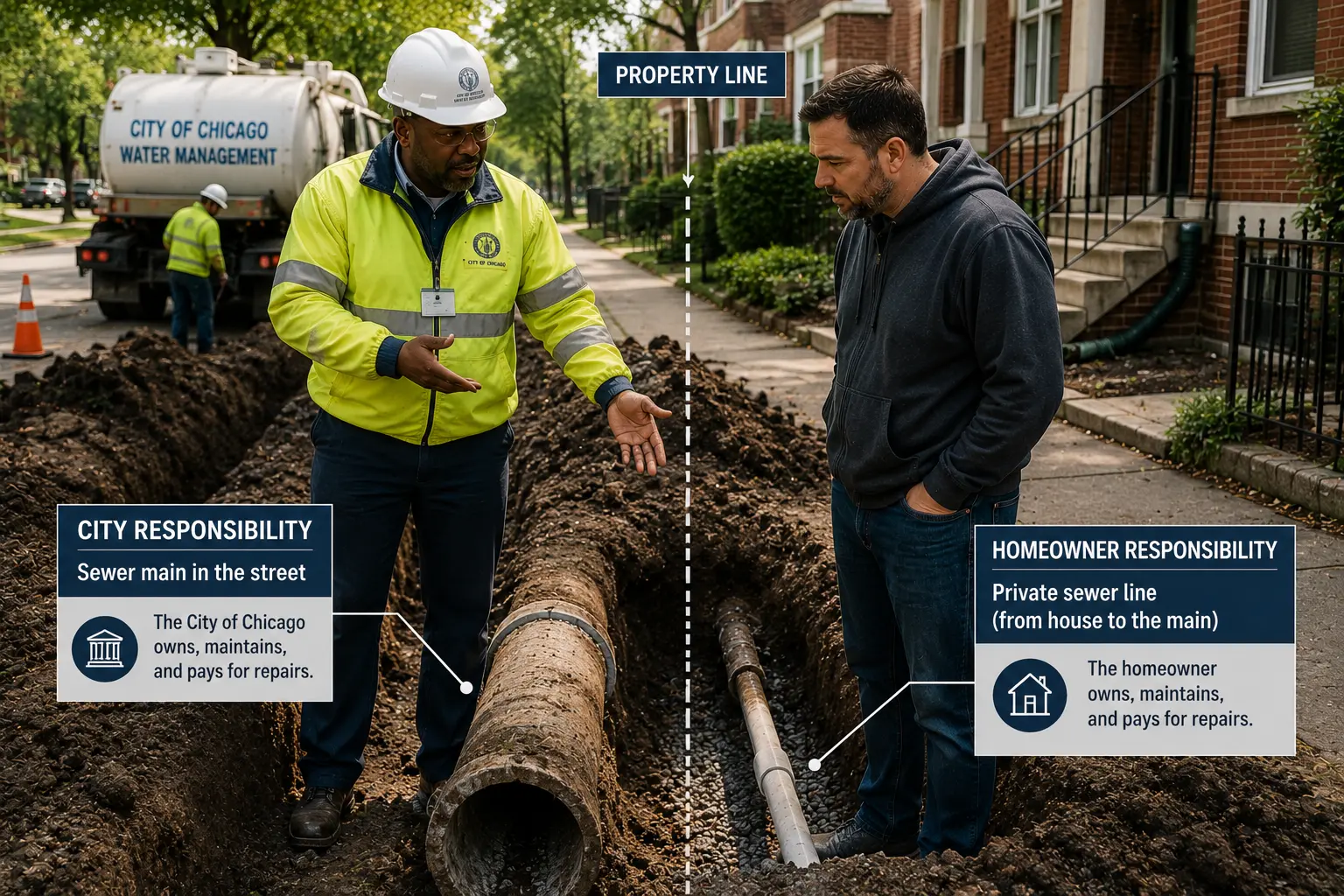 Chicago Water Department representative and homeowner stand beside exposed city and private sewer lines illustrating where financial responsibility changes.