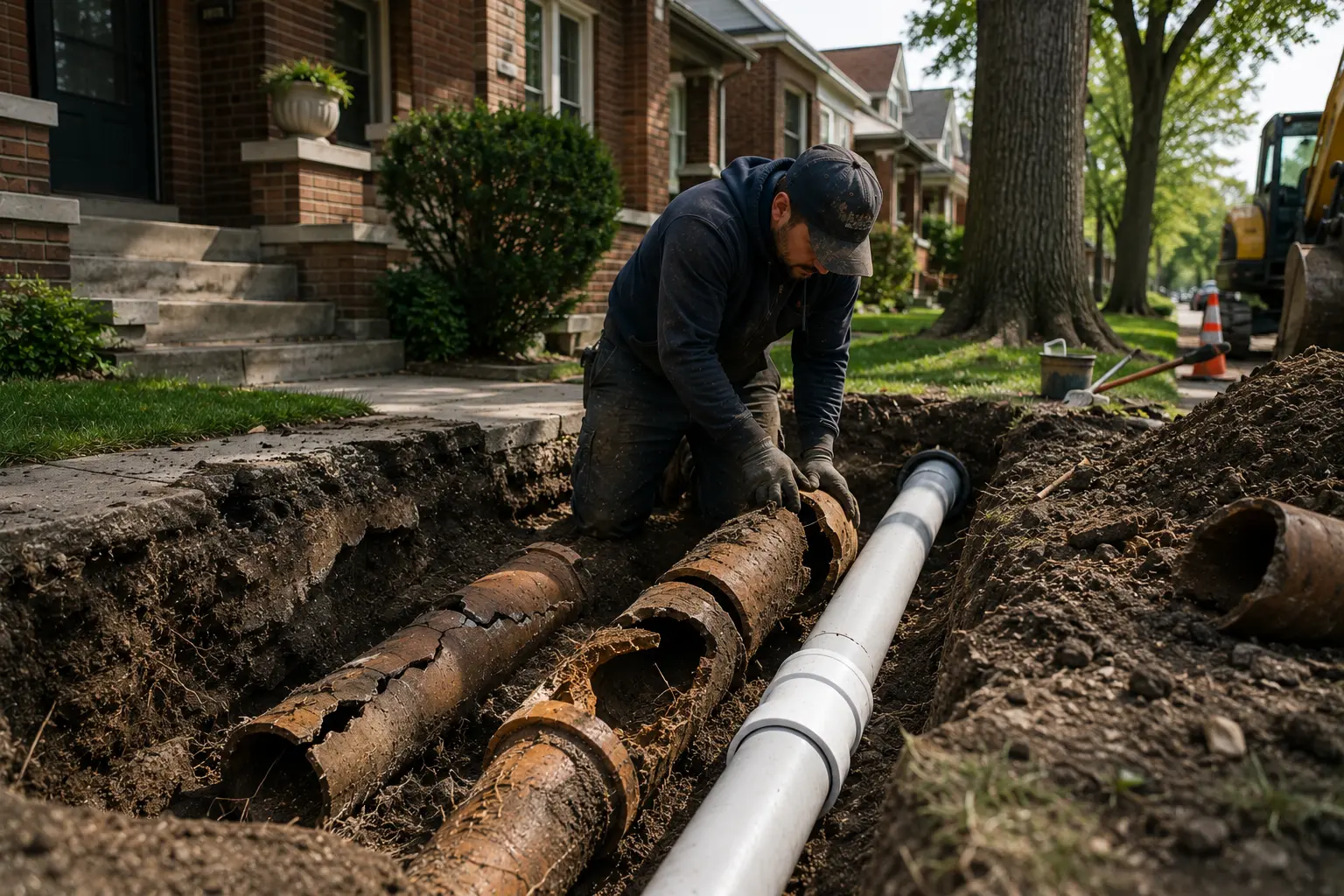 Damaged clay sewer pipe sections being removed from an excavated trench while new PVC sewer pipe is installed outside an older Chicago brick home.