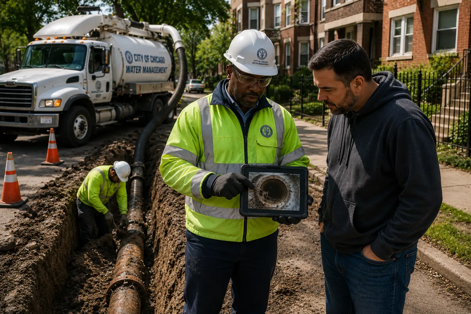 Chicago Water Department representative reviews sewer camera inspection findings with a homeowner beside an active sewer excavation in a residential neighborhood.