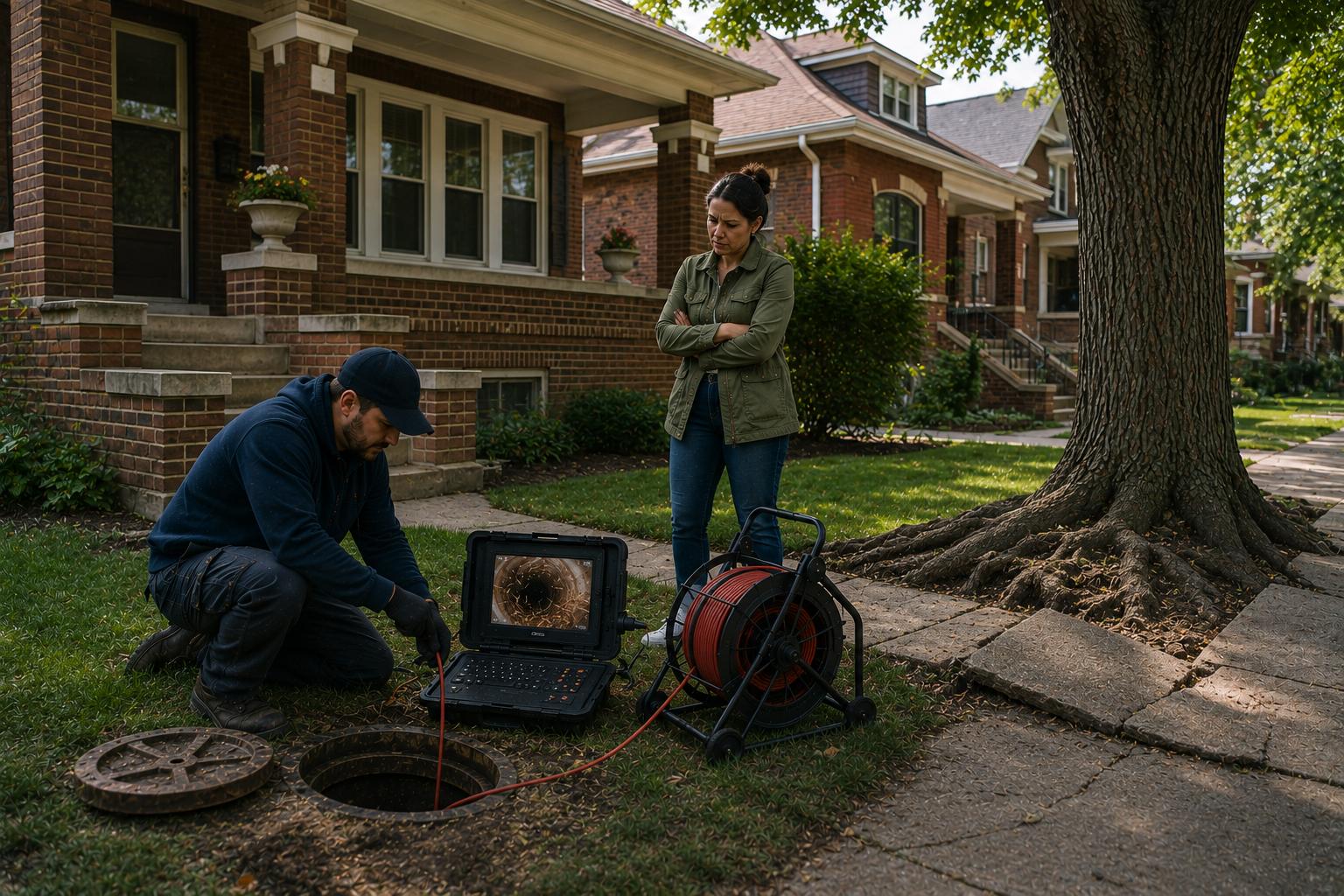 Technician performing a sewer camera inspection outside an older Chicago brick home with mature tree roots, uneven sidewalk sections, and visible signs of aging infrastructure.