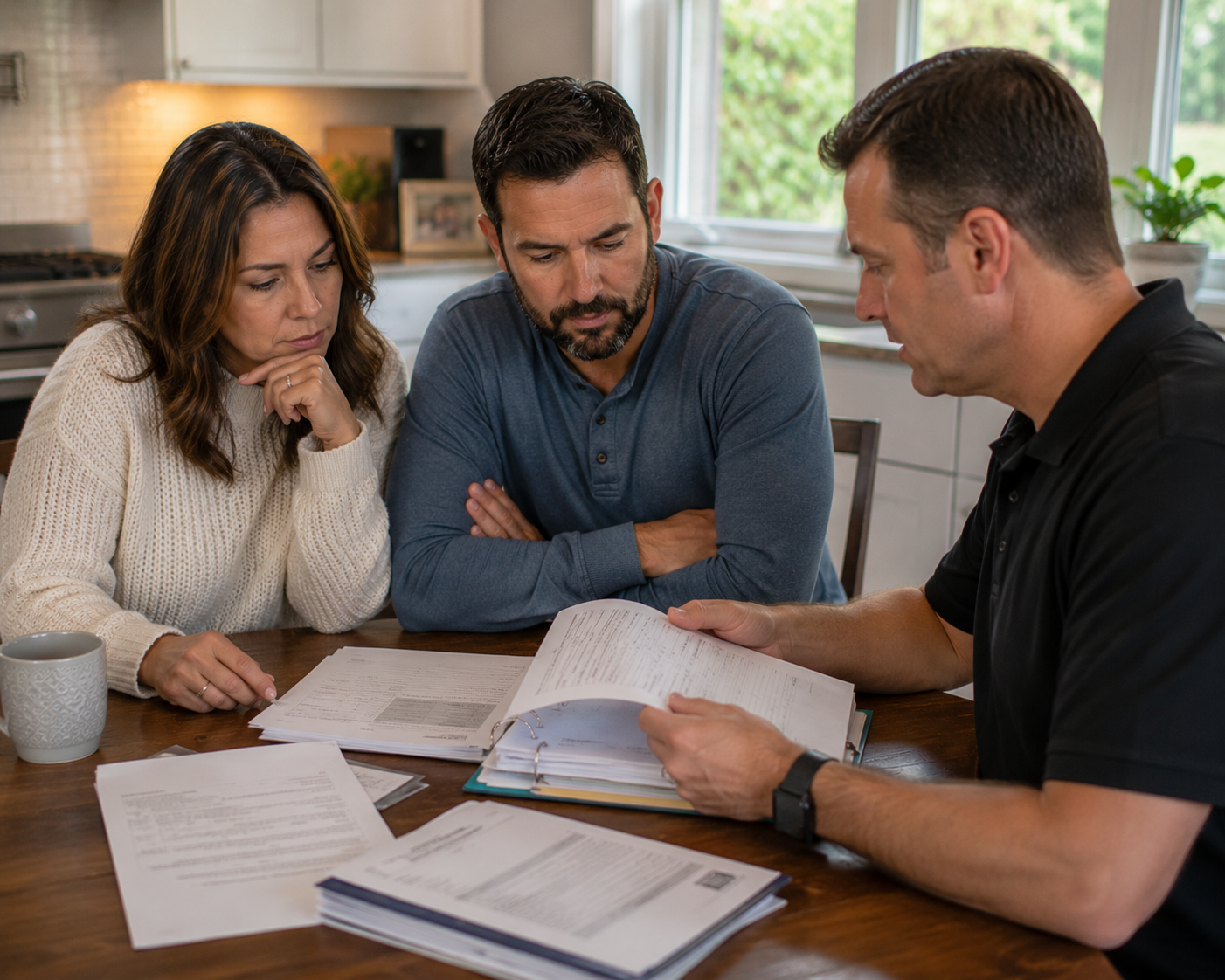 Chicago homeowners meeting with a contractor at a kitchen table while reviewing project documents, comparing repair options, and evaluating estimates for a sewer repair project.