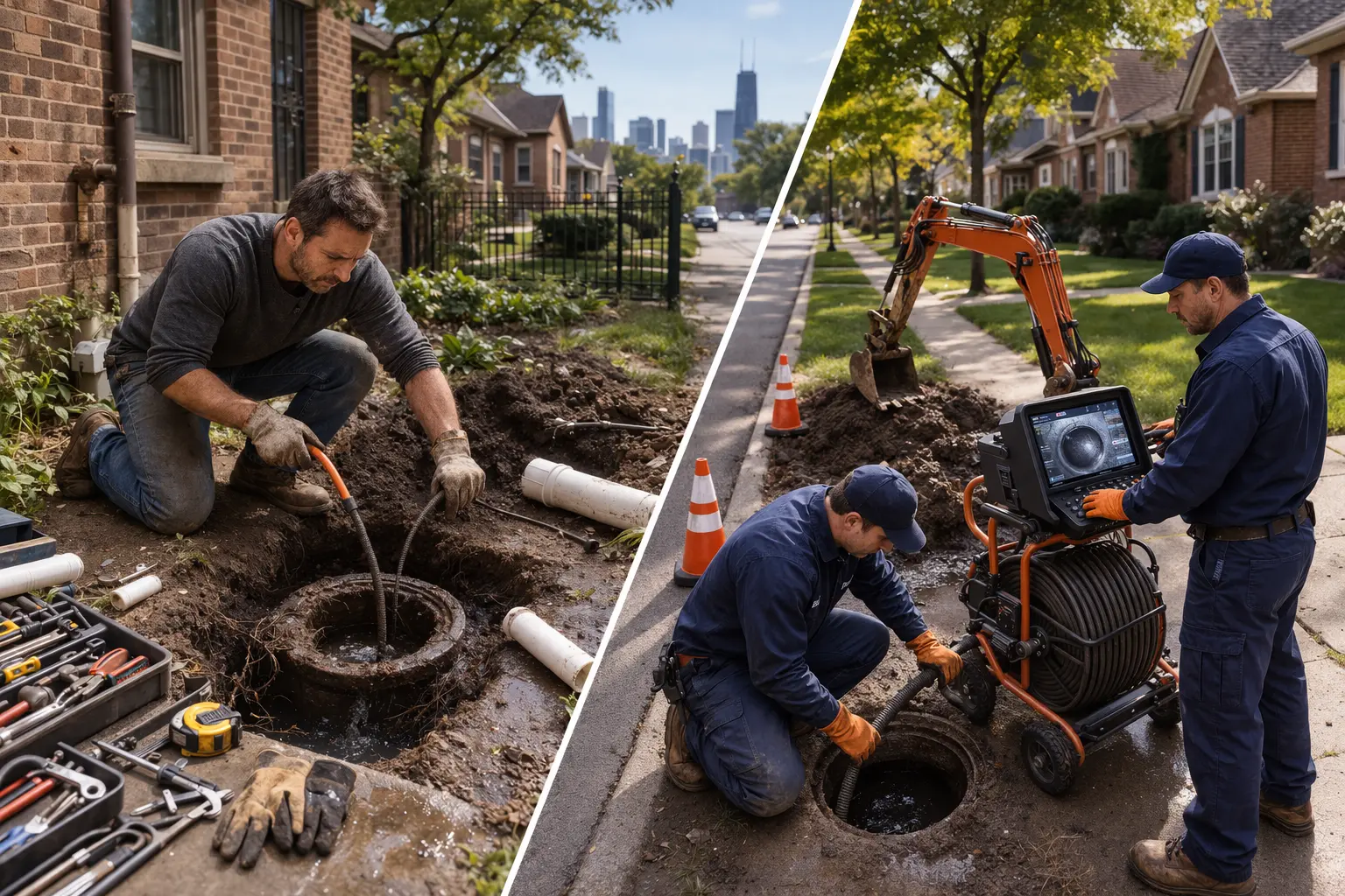 Side-by-side comparison of DIY sewer line repair and professional sewer camera inspection in a Chicago residential neighborhood, highlighting homeowner repairs versus contractor services.