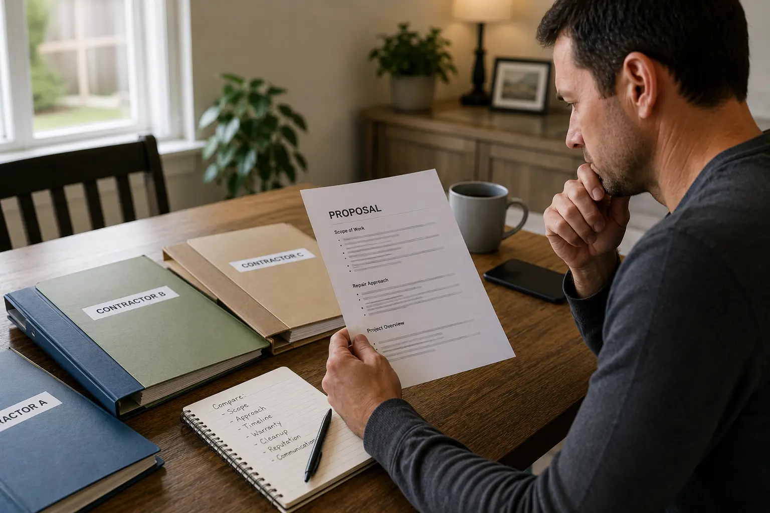 Homeowner comparing multiple contractor proposal folders and project documents while evaluating sewer repair options at a dining room table.