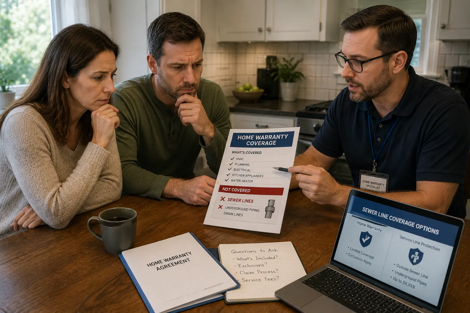 Homeowners review home warranty coverage details with a warranty representative while evaluating whether sewer lines are included in the plan.
