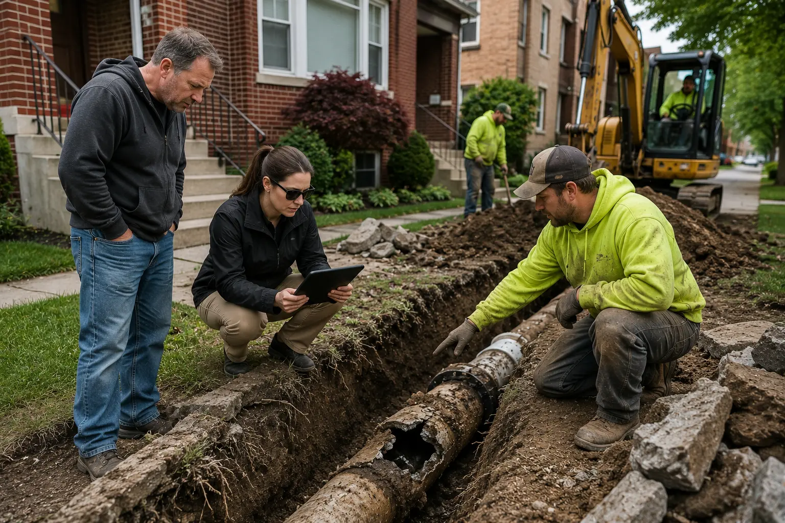 Homeowner, insurance adjuster, and sewer contractor inspect a collapsed sewer pipe in an excavation trench outside a Chicago-area residence.