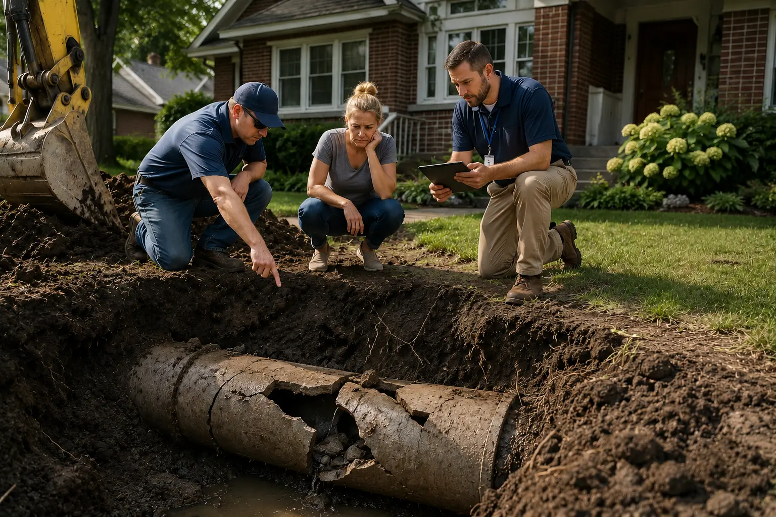 Homeowner, contractor, and insurance representative inspect a severely collapsed residential sewer line exposed in a trench in front of a brick home.