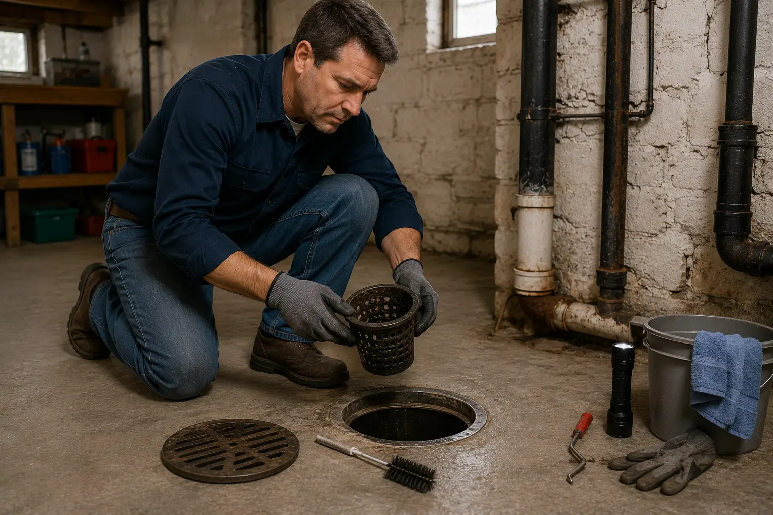 Homeowner cleaning and inspecting an older basement floor drain in a historic home with aging cast iron plumbing visible in the background.