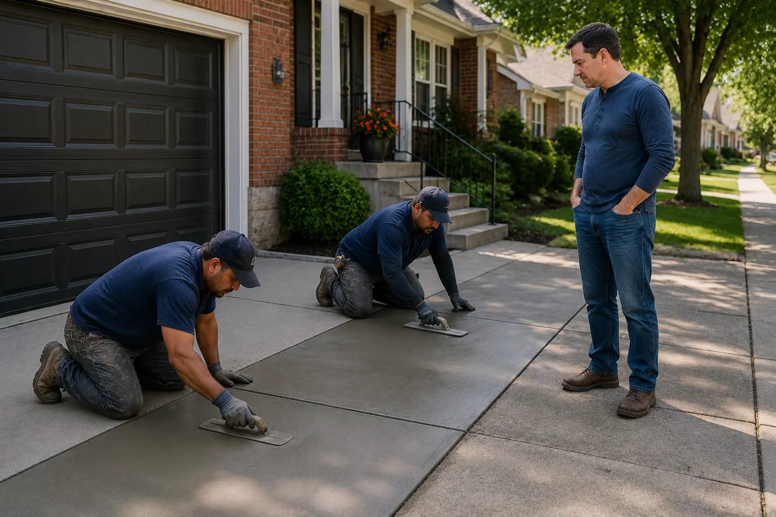 Workers restoring a residential concrete driveway after sewer replacement while the homeowner observes the finishing work.