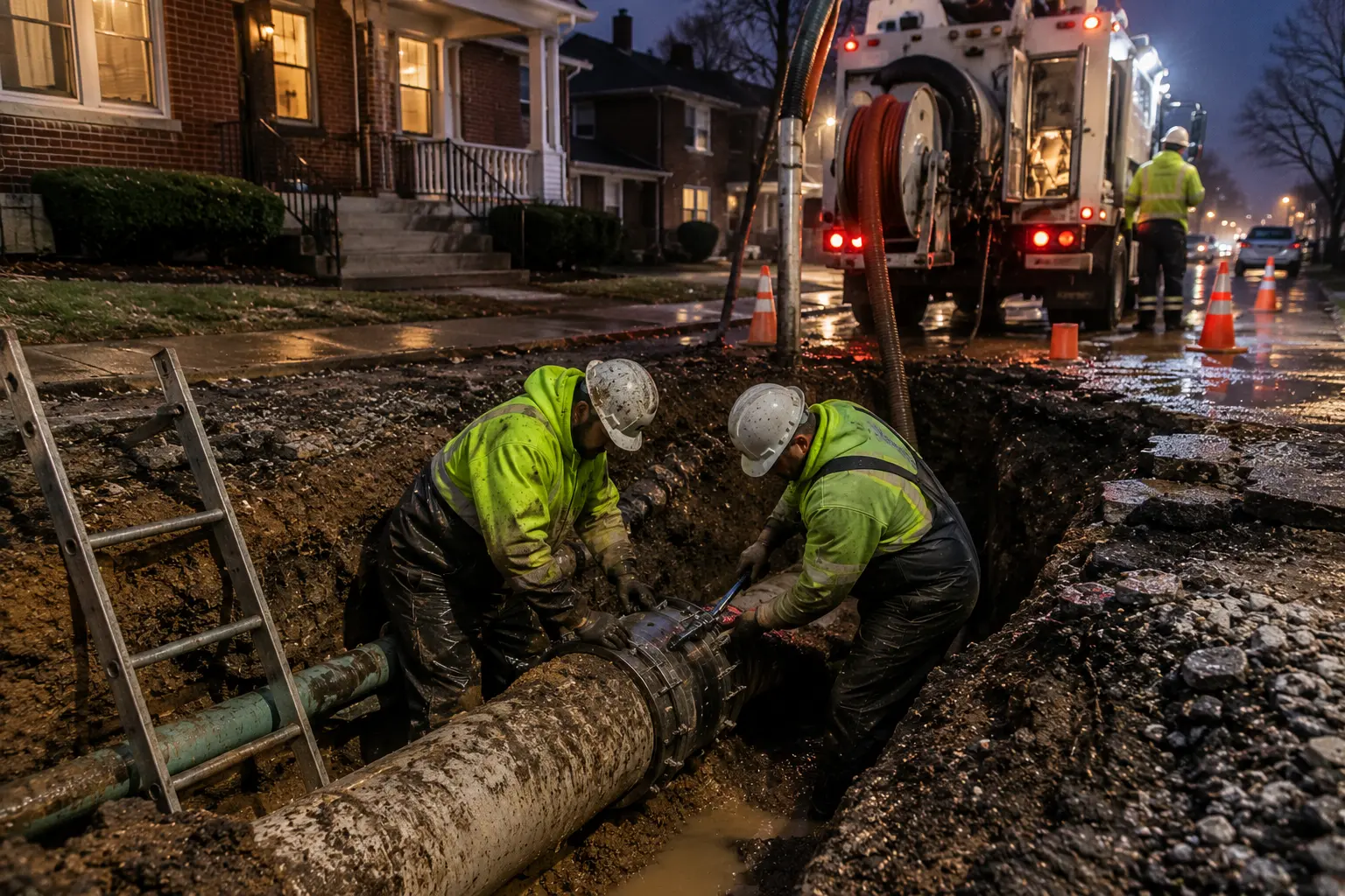 Workers perform an emergency sewer pipe repair at night inside a flooded excavation trench on a residential Chicago street.