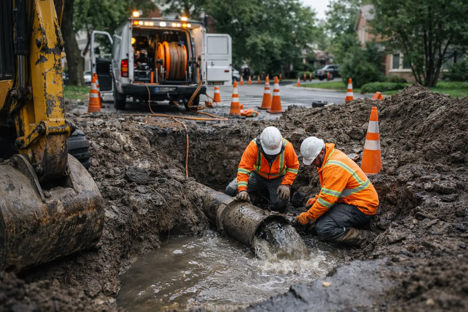 Utility workers performing an emergency sewer repair after a pipe failure in a residential neighborhood excavation site.