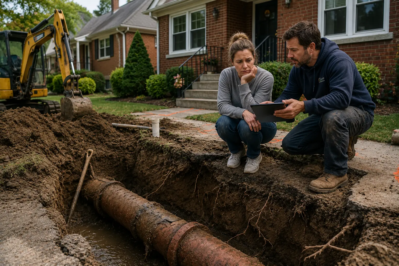 Homeowner reviews sewer replacement options with a contractor beside an exposed sewer line excavation while discussing how to pay for the repair.