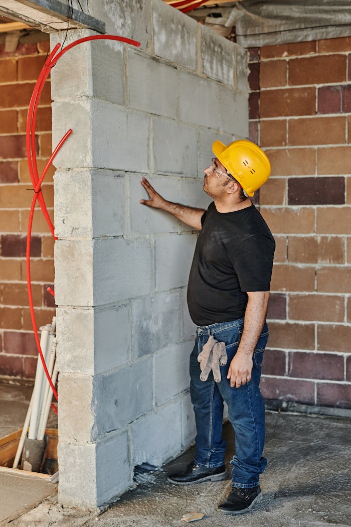 Construction professional inspecting a foundation wall in a basement before planning sewer line repair or replacement work.