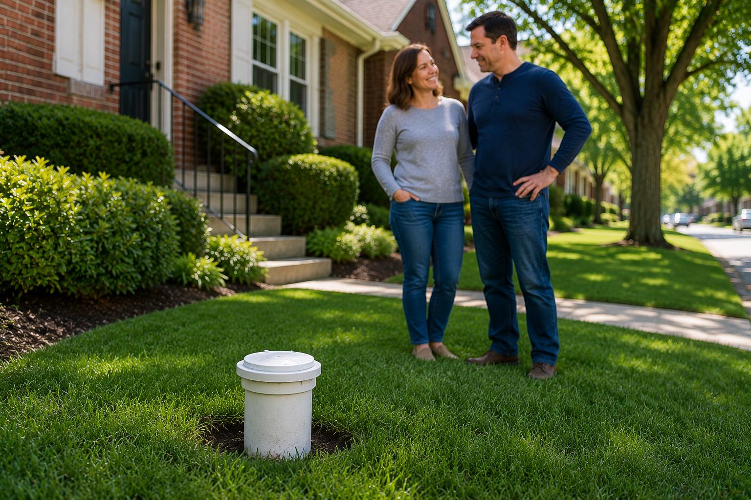 Recently installed sewer cleanout in a restored lawn outside a brick Chicago home, with homeowners standing nearby after a completed sewer line replacement project.