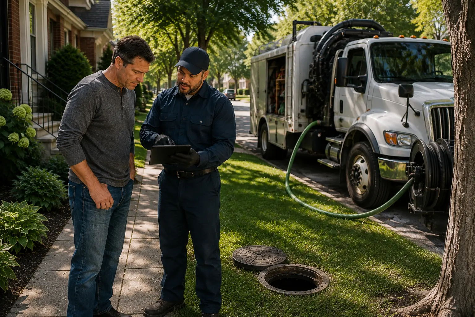 Homeowner reviewing a preventative sewer maintenance schedule with a technician beside a sewer service truck in a residential Chicago neighborhood.