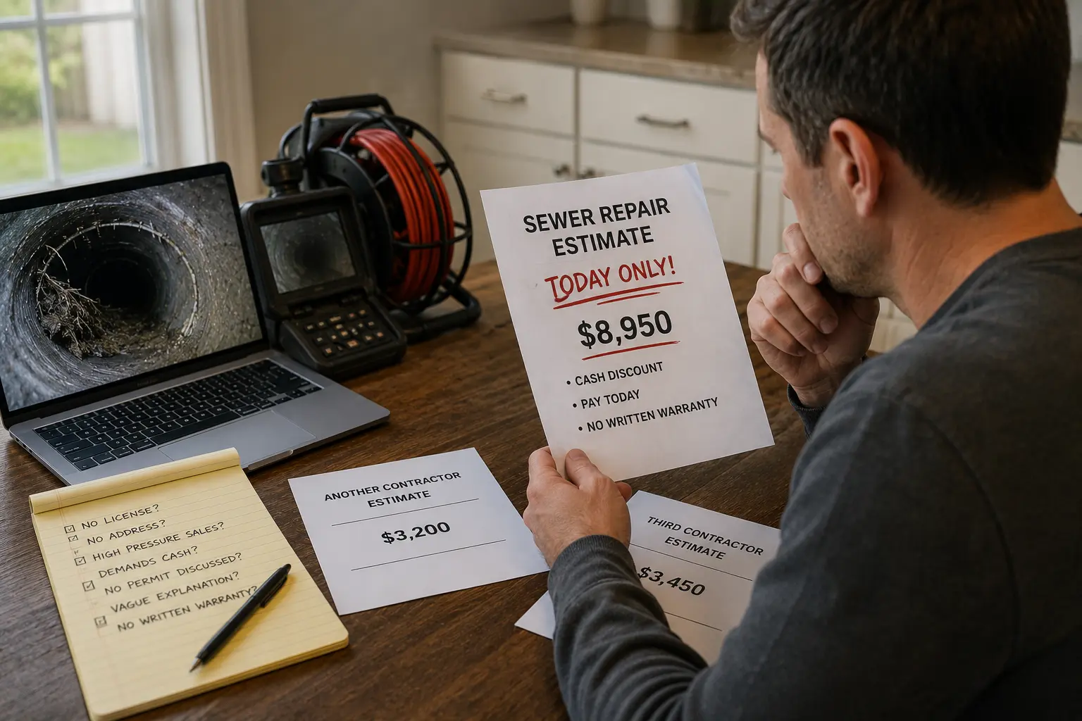 Homeowner reviewing a suspicious sewer repair estimate while comparing it against sewer inspection findings and contractor documentation.
