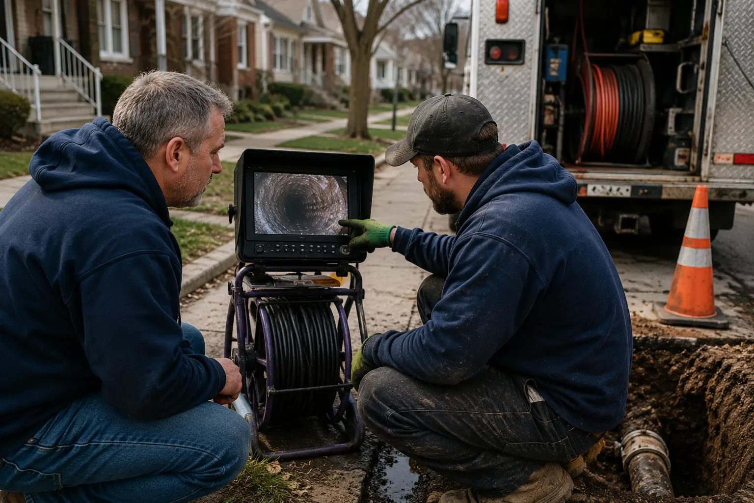 Homeowner reviewing live sewer camera inspection footage with a technician during a residential sewer evaluation in a Chicago neighborhood.