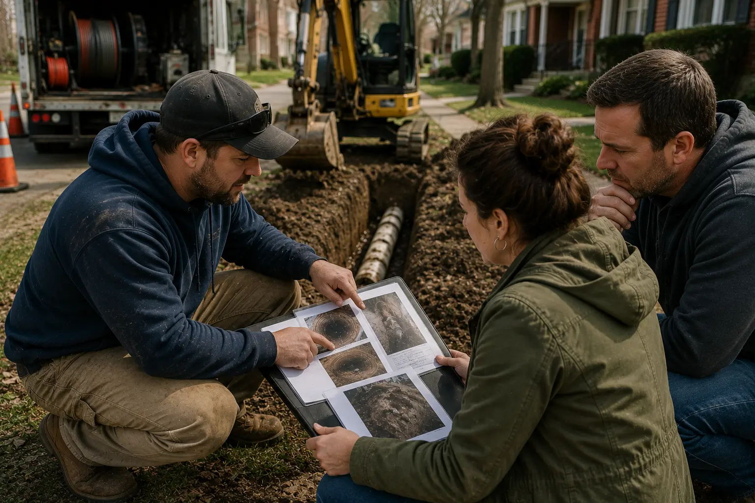 Homeowners reviewing sewer inspection photos and pipe condition documentation with a contractor beside an active sewer replacement excavation in a residential neighborhood.