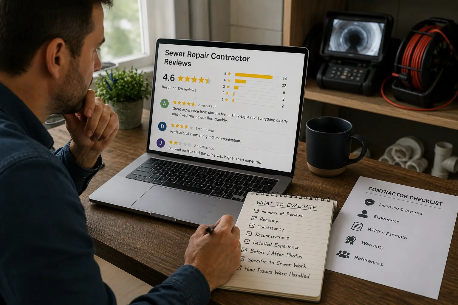 Homeowner reviewing contractor information and sewer inspection materials while researching sewer repair companies from a home office.