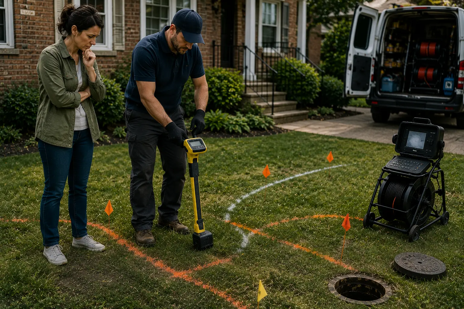 Technician using electronic locating equipment and utility markings to trace the path of a buried residential sewer line while a homeowner observes in the yard.